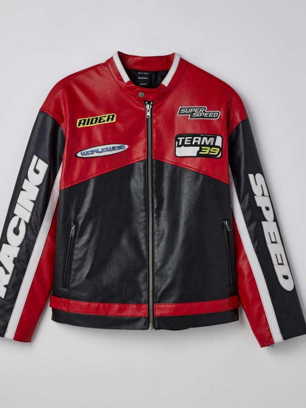 iets frans: Oversized Patch Racer Moto Jacket
In Red